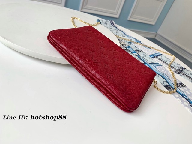 路易威登LV女包 M68574胭脂紅 Pochette Double Zip手袋 LV壓紋皮革鏈條小挎包 xxlv1994